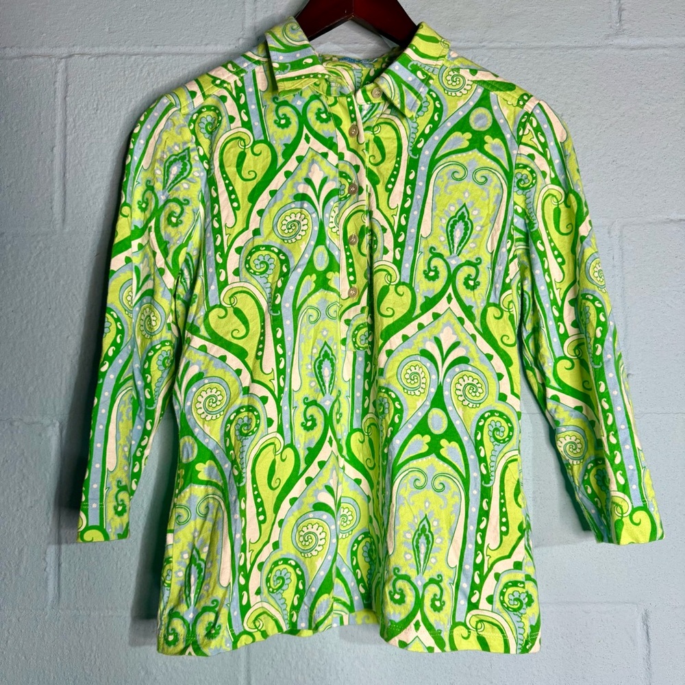 J. McLaughlin Lime and Green Paisley Button-Front Blouse